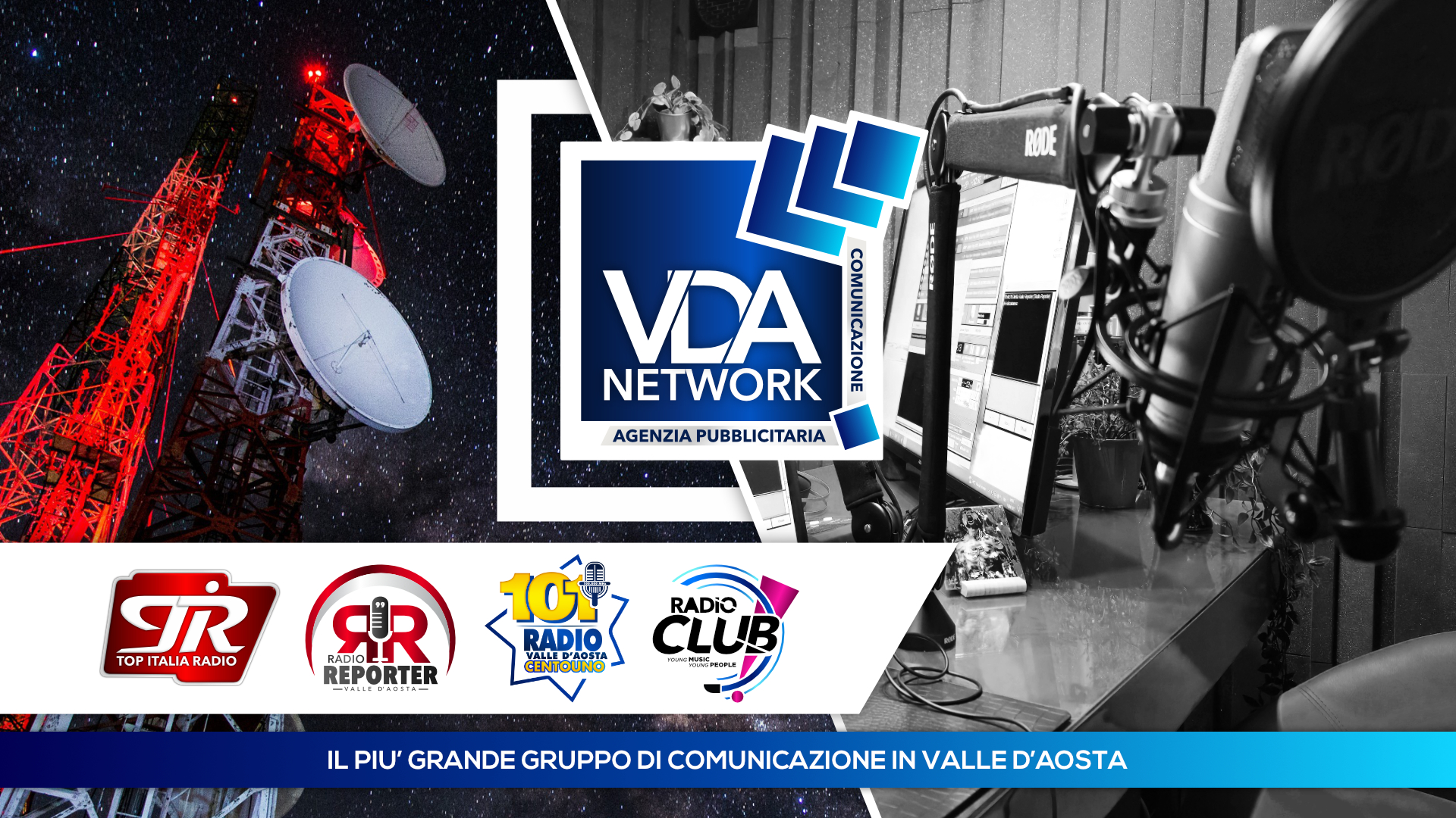immagine di traliccio nella notte con logo radio vda network e delle 4 radio